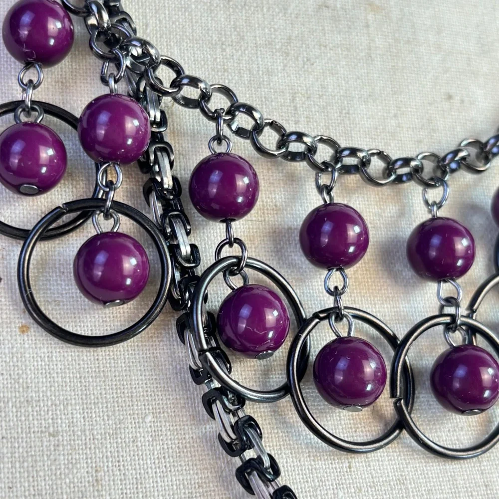 Goth Grunge Vintage Bib Necklace Set Purple Gunmetal Metal Beads Witchy Alt